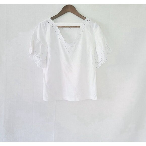 LOFT Blouse White Embroidered Eyelet Short Sleeve Size Medium Linen - Picture 4 of 14